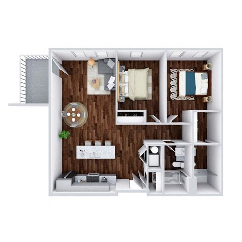 A top-down view of a small apartment with a kitchen, living room, and bedroom.